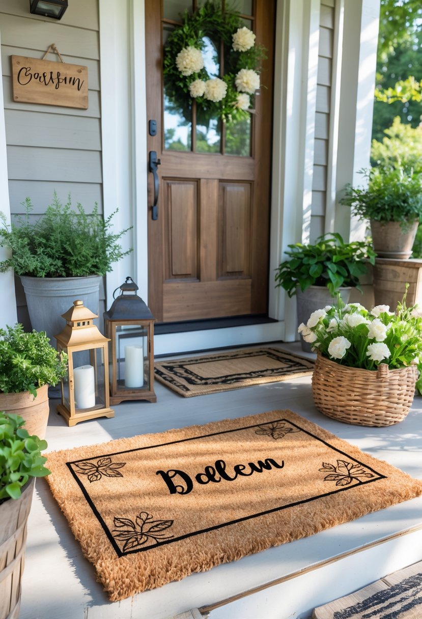 A front porch with a personalized doormat, potted plants, a lantern, a basket of flowers, and a wooden door.