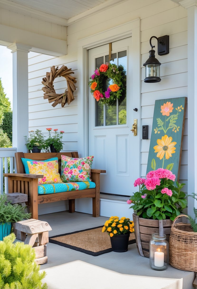 A front porch decorated with handmade cushions, flower planters, a natural wreath on the door, a mason jar lantern, a woven basket with firewood, and potted plants.