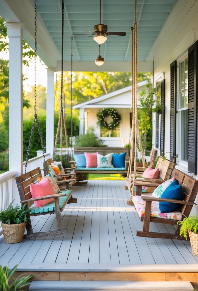 A wooden porch with ten different handcrafted porch swings surrounded by plants and greenery.