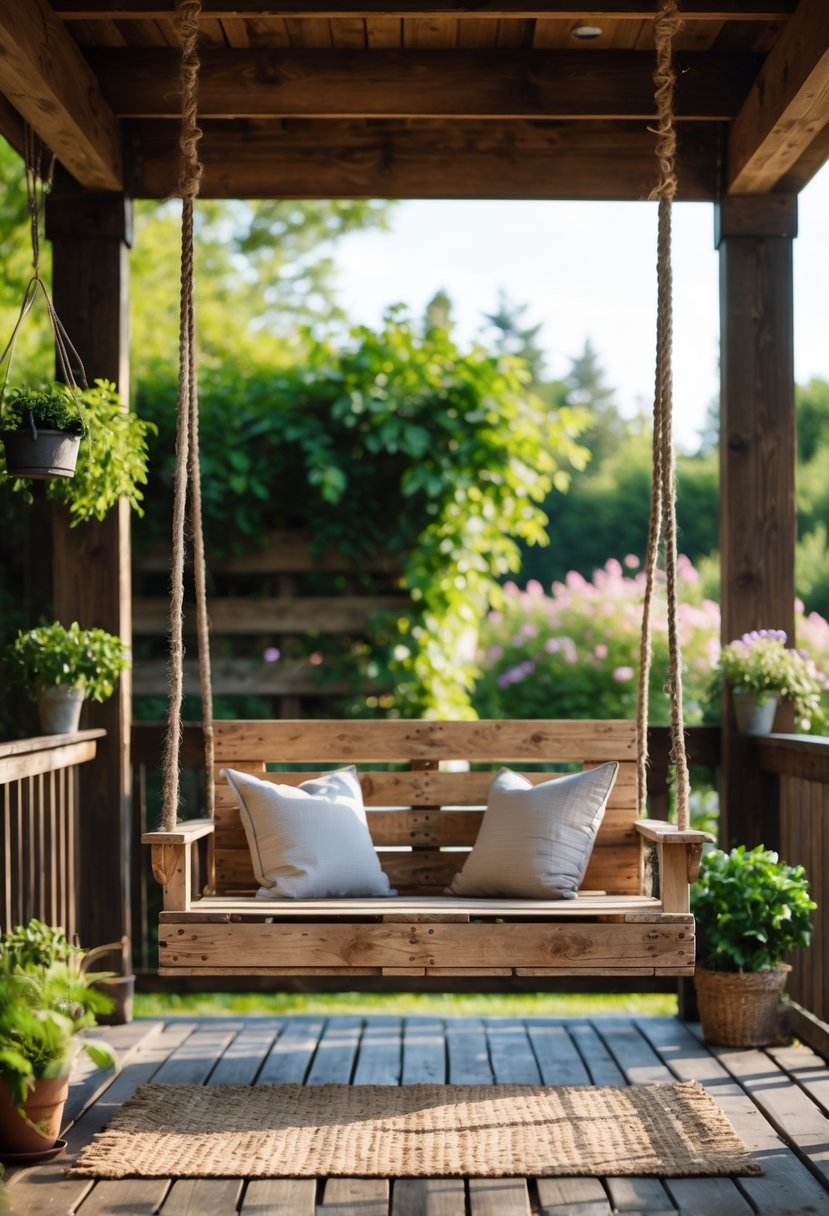 A rustic wooden pallet porch swing hanging on a porch with cushions and plants, overlooking a garden with green foliage.