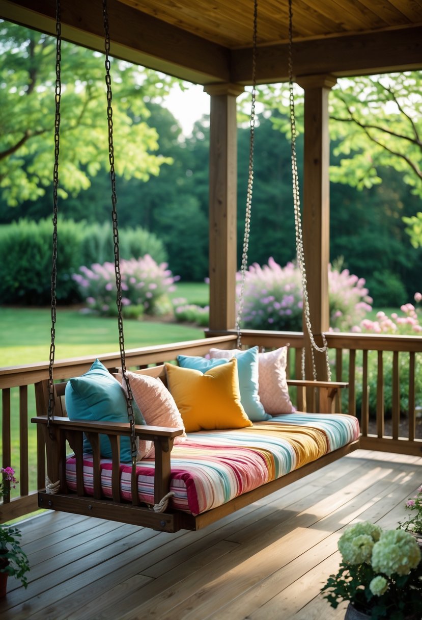 A porch swing bed with cushions hanging from a wooden porch surrounded by greenery.