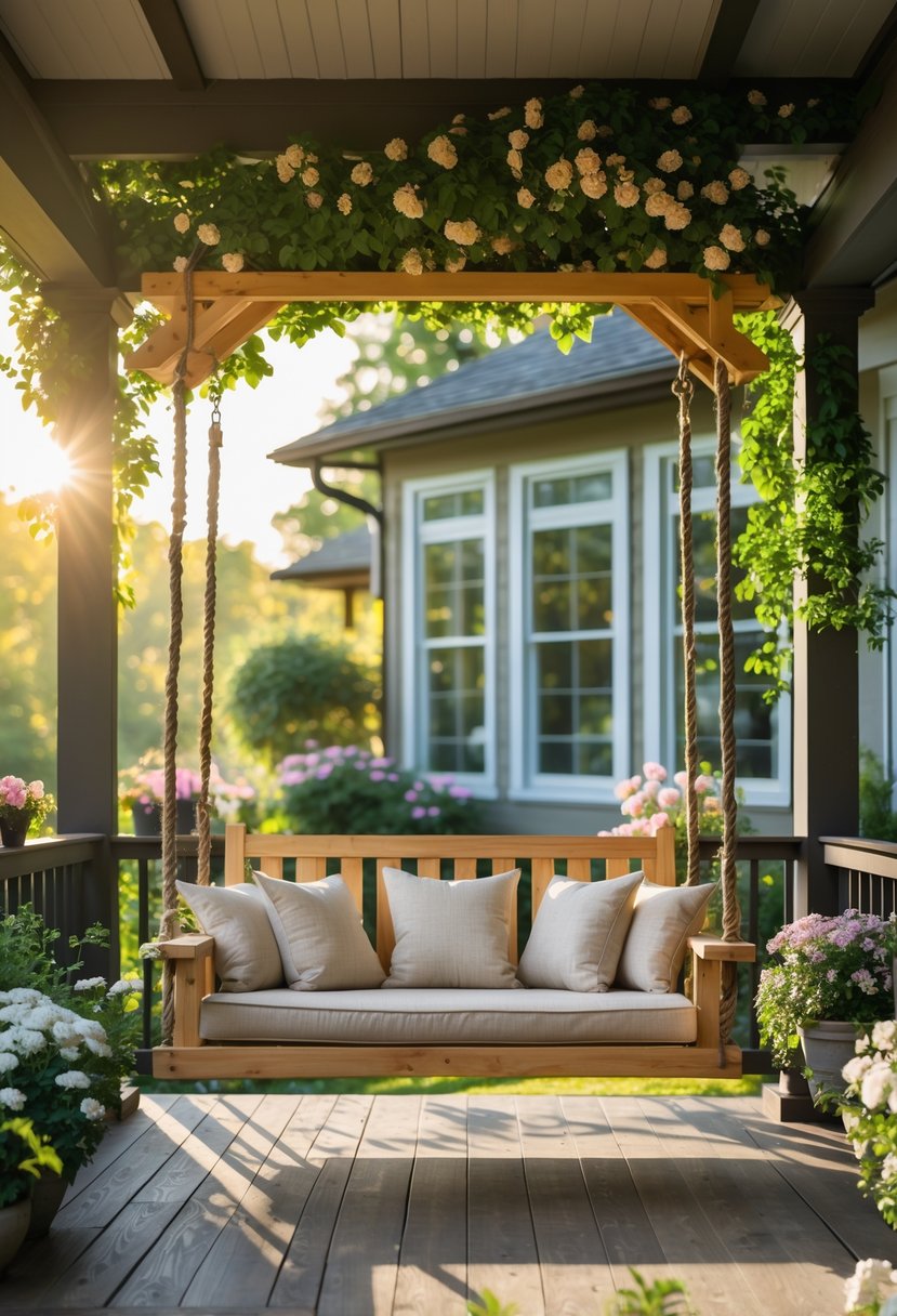 A wooden porch swing hanging from an arbor on a porch surrounded by plants and flowers.