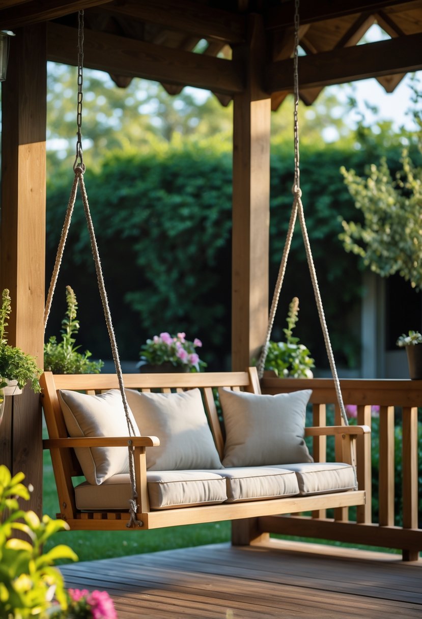 A compact two-seater porch swing hanging on a wooden porch surrounded by plants and greenery.