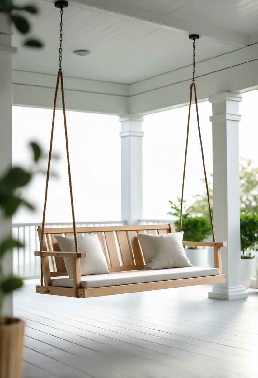 A wooden porch swing hanging on a porch with cushions and plants nearby.