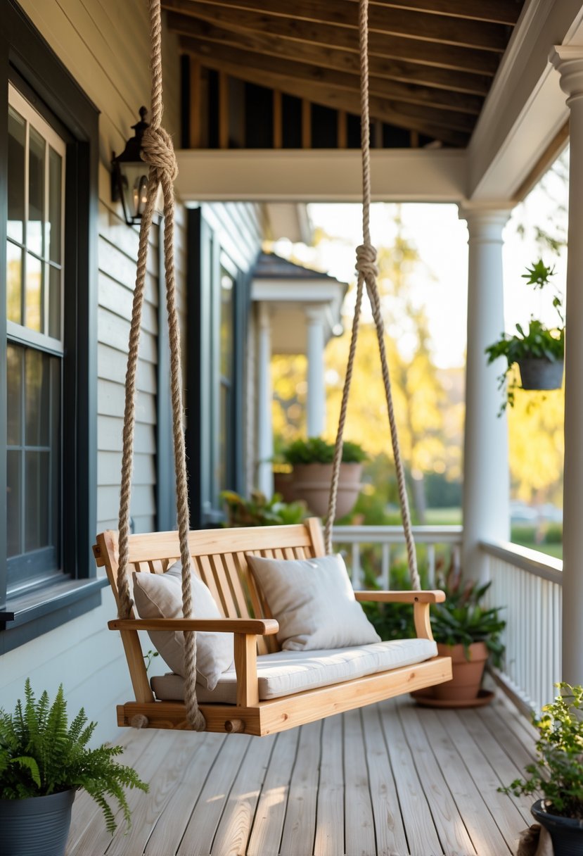A wooden porch swing hanging by ropes on a porch surrounded by plants and sunlight.
