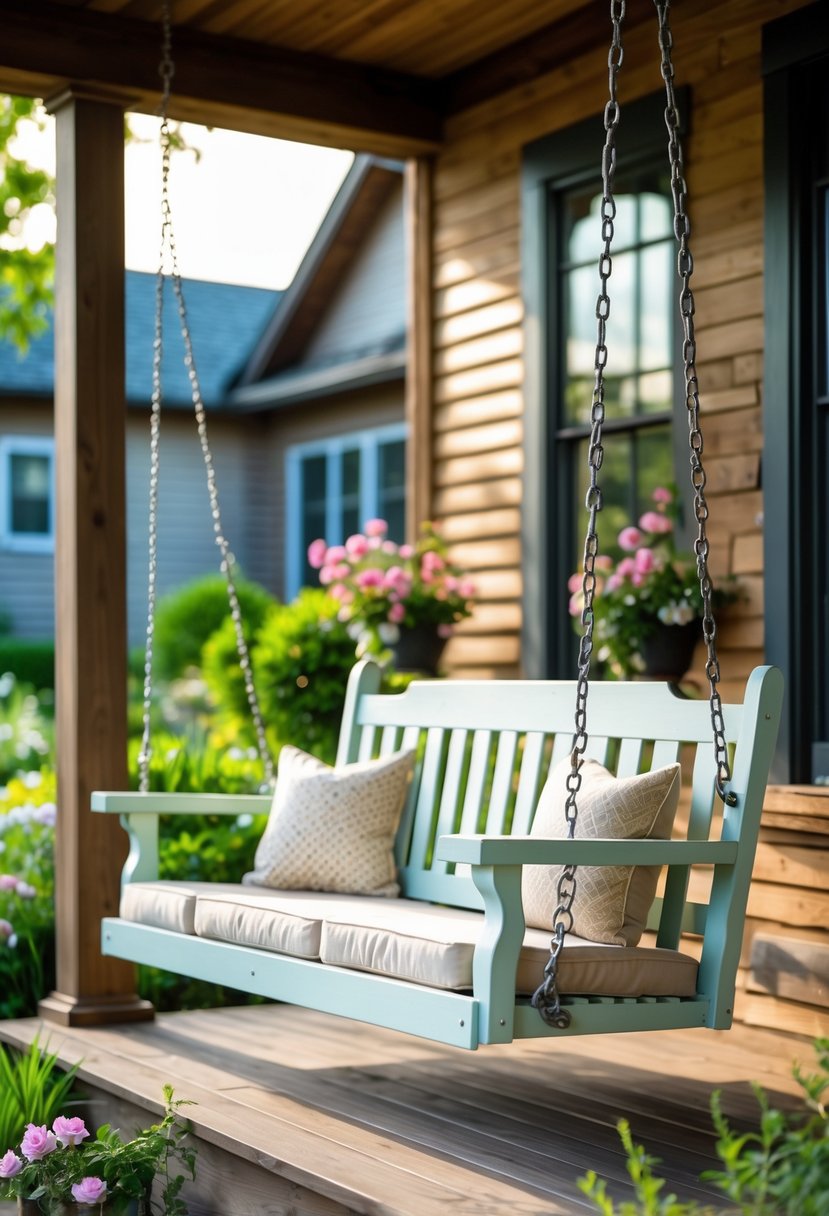 A plywood porch swing with painted finish hanging on a wooden porch surrounded by green plants and flowers.