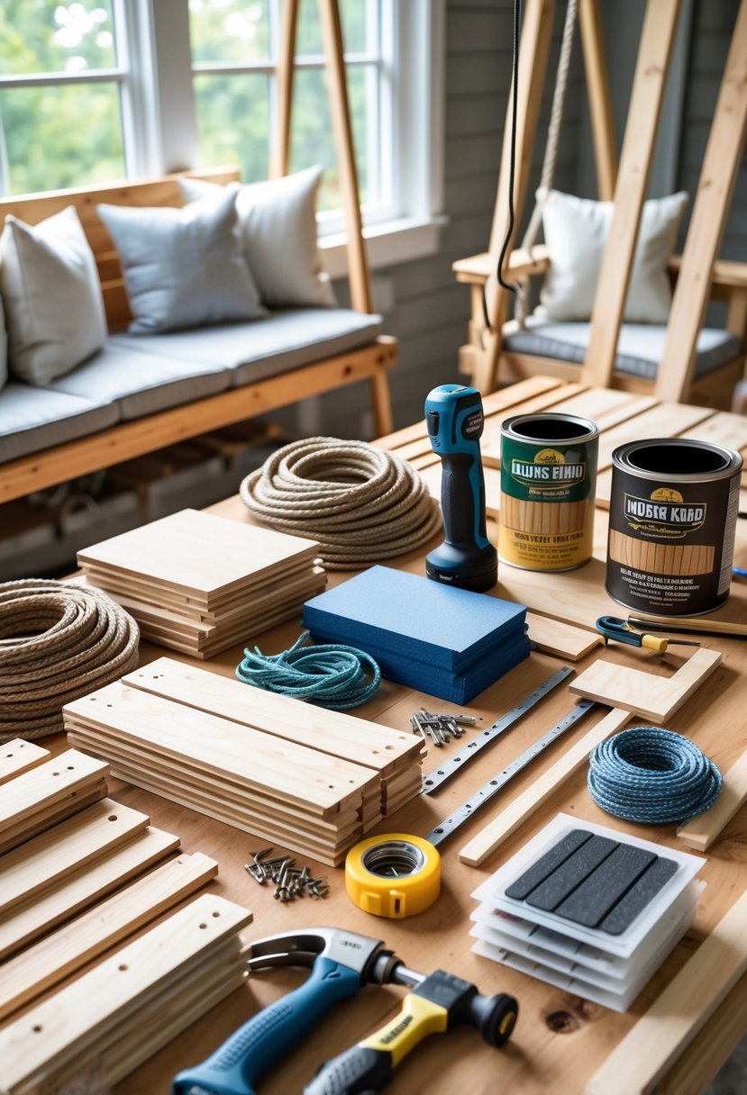 A workbench with wood planks, ropes, tools, and partially assembled porch swing frames in a bright workshop.