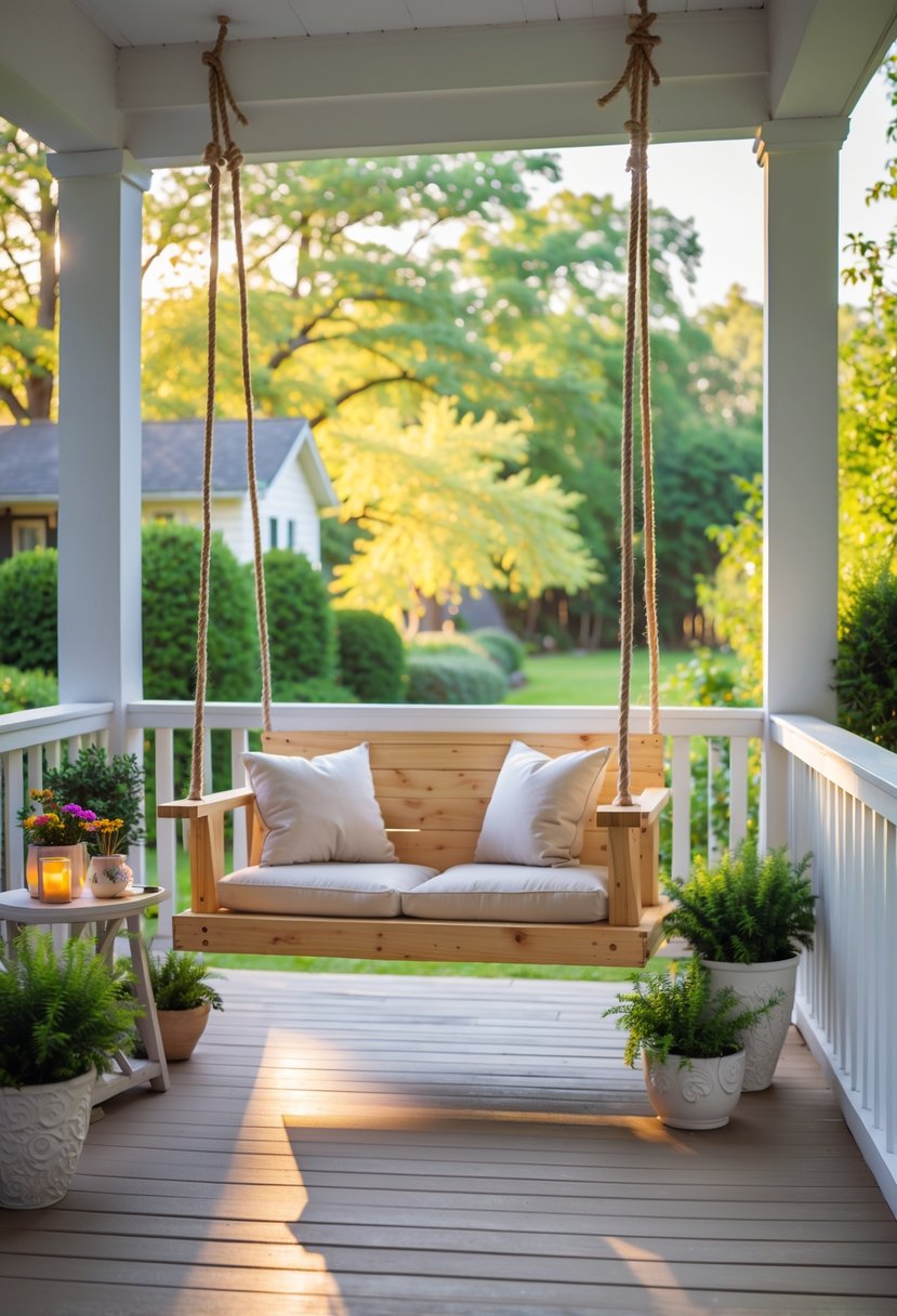 A wooden porch swing with cushions hanging on a porch surrounded by plants and outdoor decor.