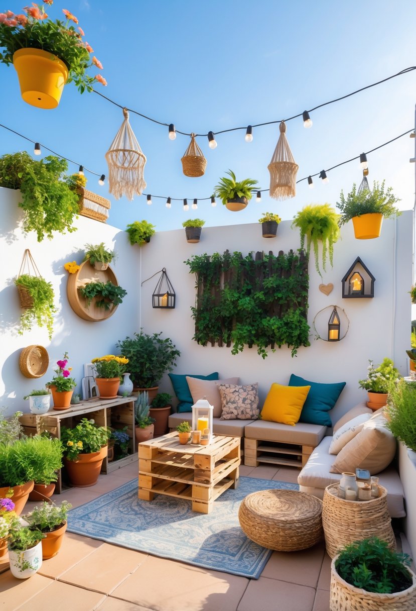 12 Easy DIY Terrace Decor Projects for a Stylish Look 2 A sunlit terrace decorated with various handmade planters, cushions, lights, and small garden projects arranged neatly.