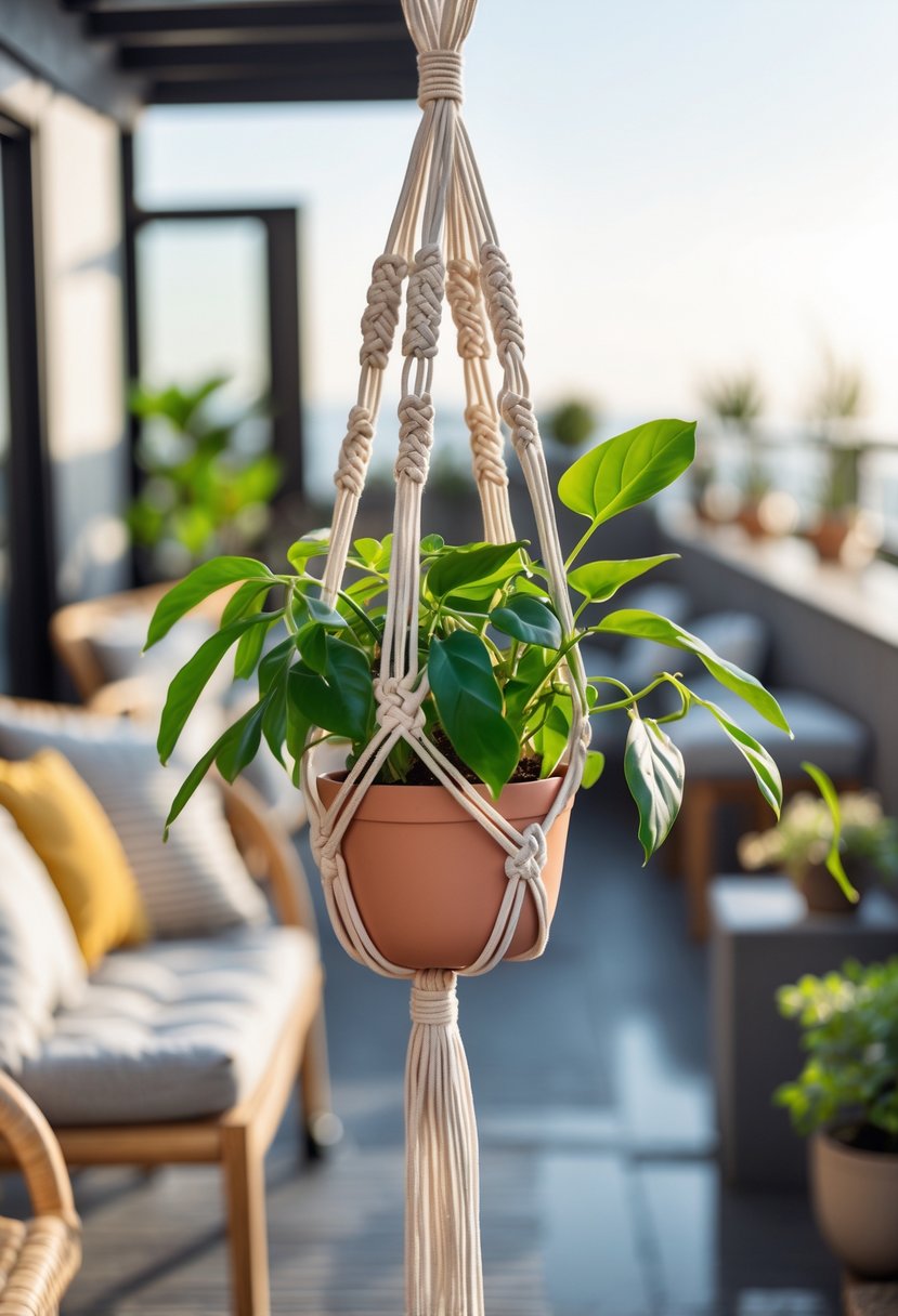 12 Easy DIY Terrace Decor Projects for a Stylish Look 4 A macrame plant hanger holding a green potted plant hanging on a terrace with outdoor furniture in the background.