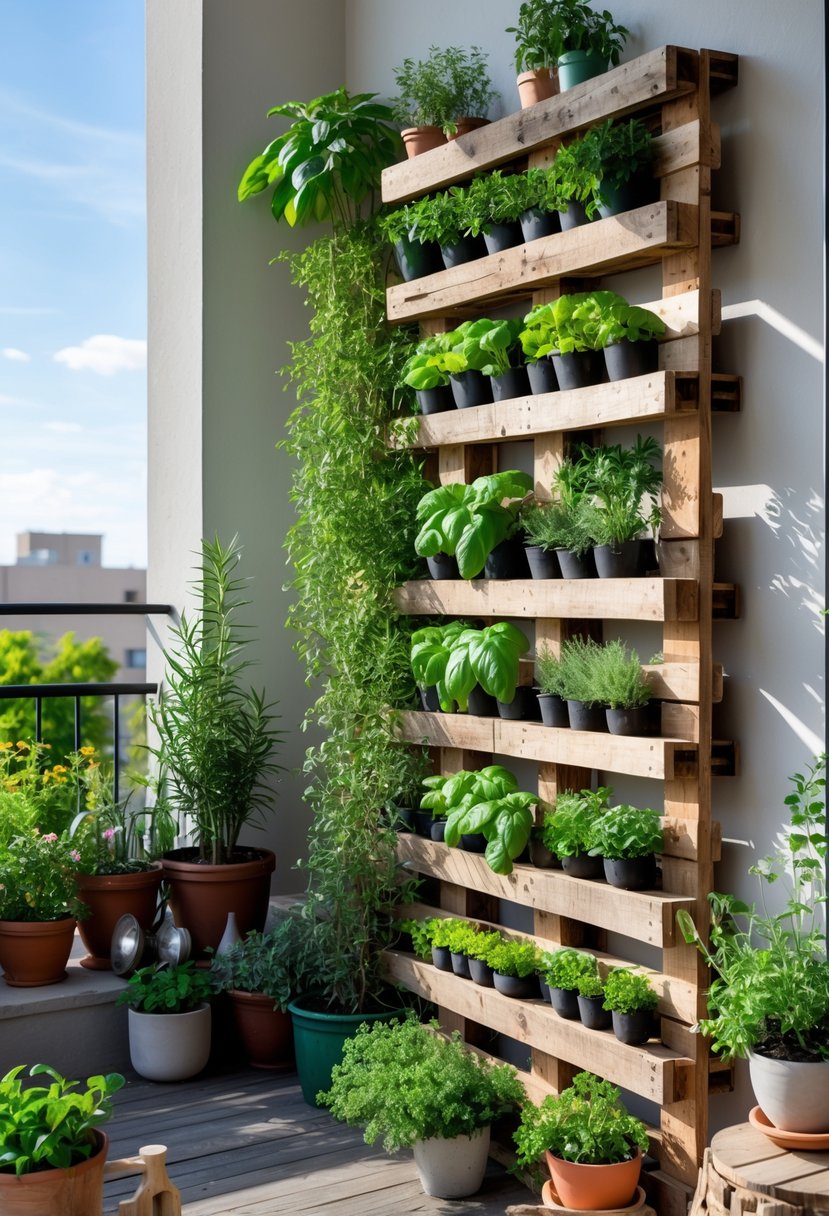 12 Easy DIY Terrace Decor Projects for a Stylish Look 6 Vertical herb garden made from recycled wooden pallets on a terrace with various fresh green herbs.