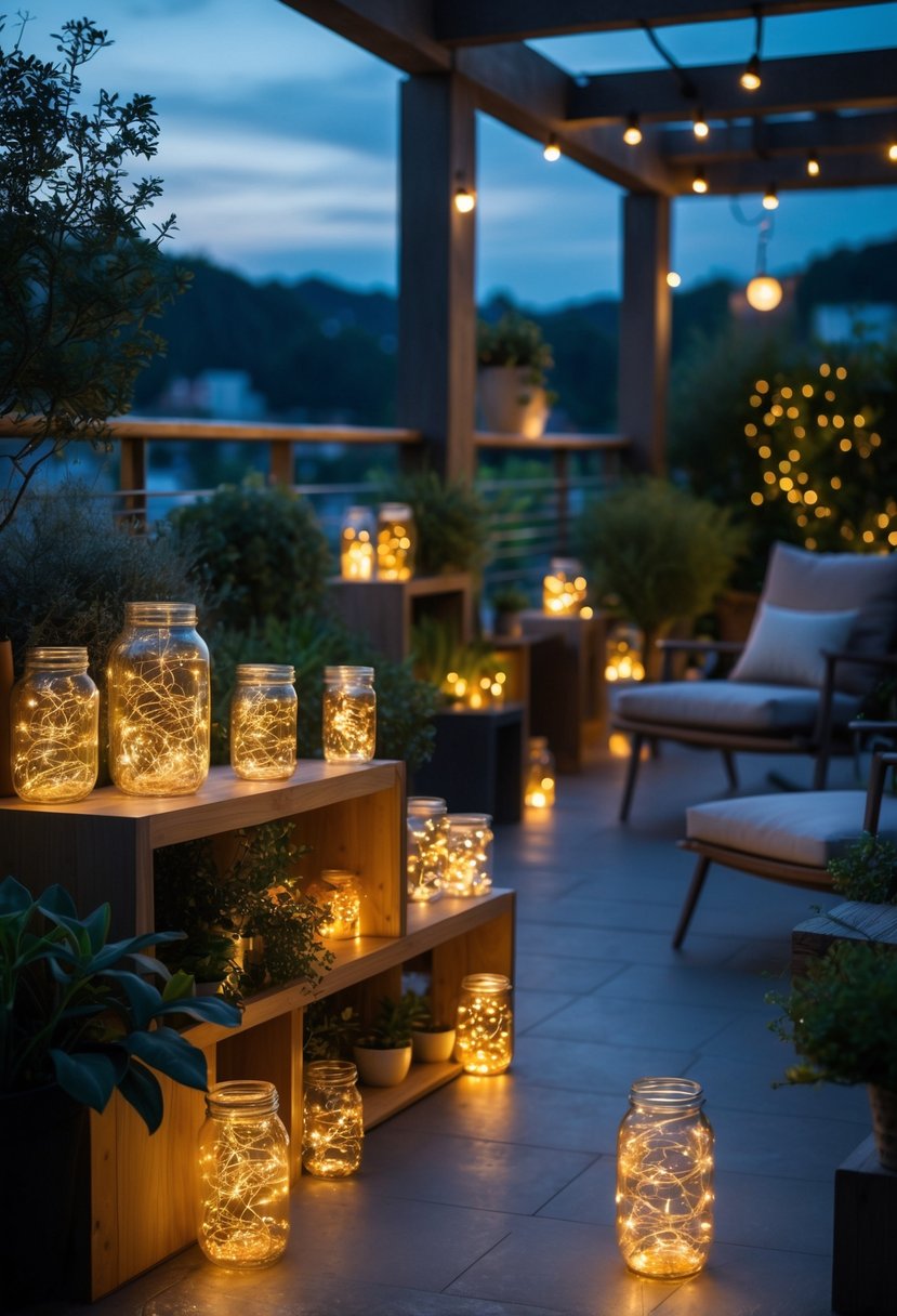 12 Easy DIY Terrace Decor Projects for a Stylish Look 7 A terrace with glass jars filled with glowing fairy lights placed among plants and outdoor furniture during twilight.