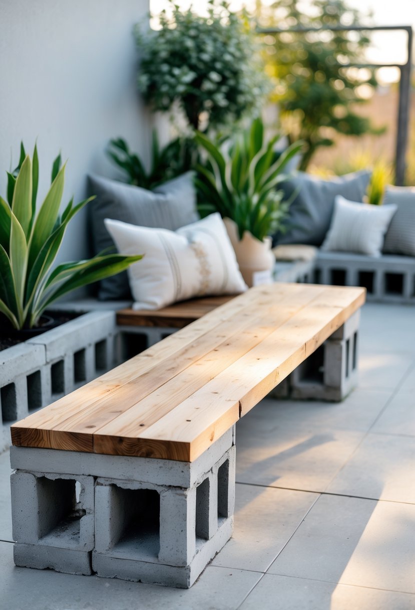 12 Easy DIY Terrace Decor Projects for a Stylish Look 8 An outdoor bench made from cinder blocks and wooden planks on a terrace with plants and cushions.