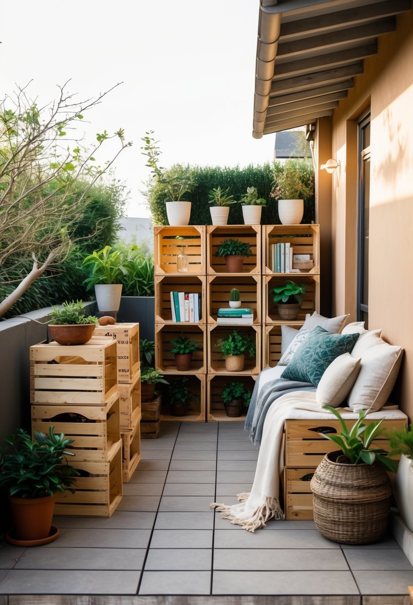 12 Easy DIY Terrace Decor Projects for a Stylish Look 9 Outdoor terrace with stacked wooden wine crates used as storage, decorated with plants and cozy seating.