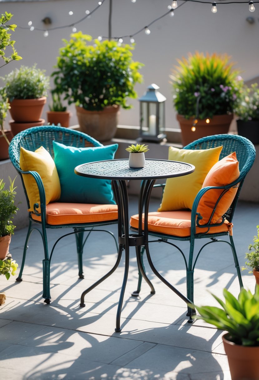 12 Easy DIY Terrace Decor Projects for a Stylish Look 10 Outdoor metal bistro table and chairs with colorful cushions on a terrace surrounded by plants and decorative lighting.