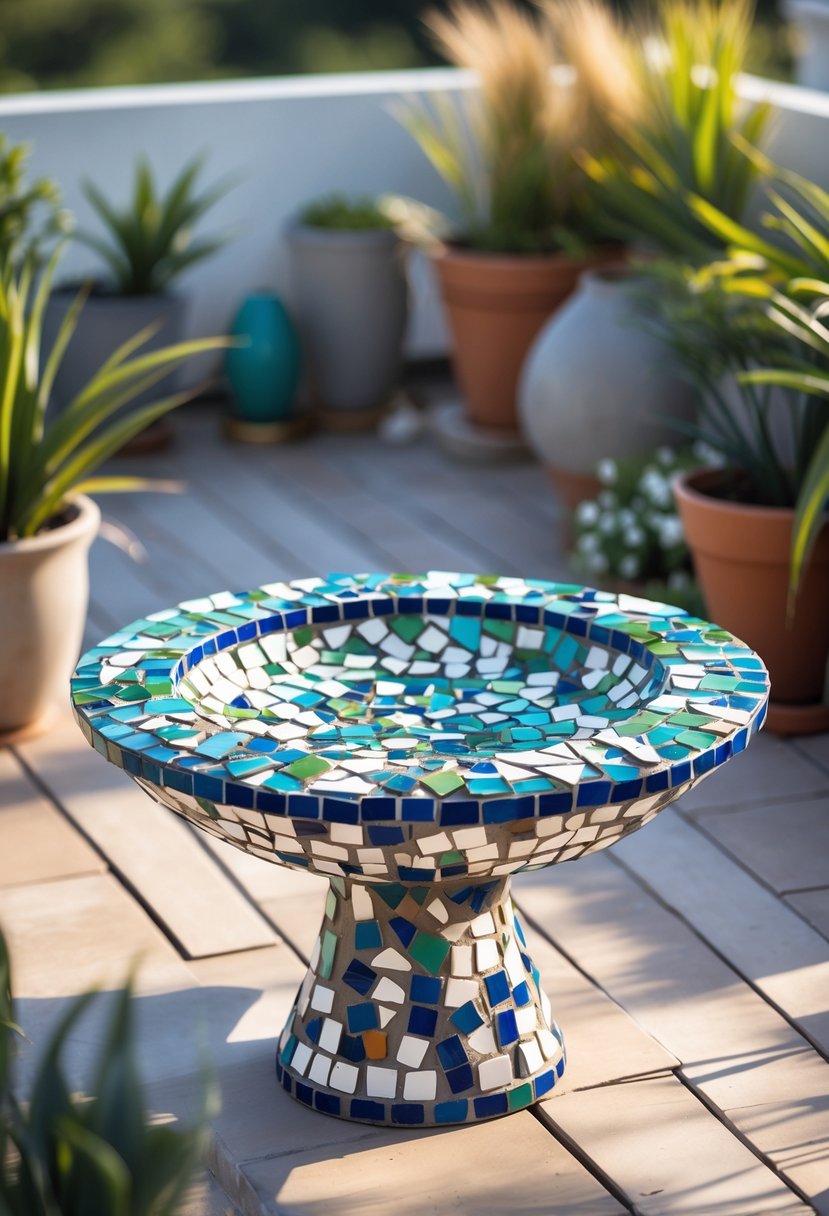 12 Easy DIY Terrace Decor Projects for a Stylish Look 11 A mosaic birdbath made from broken tiles placed on a terrace surrounded by plants.