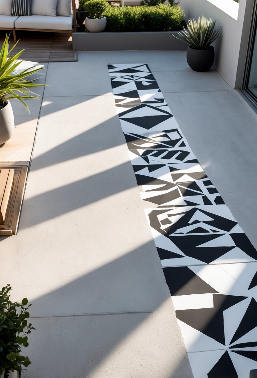 12 Easy DIY Terrace Decor Projects for a Stylish Look 12 A concrete terrace floor decorated with geometric stencil patterns and surrounded by potted plants and outdoor furniture.