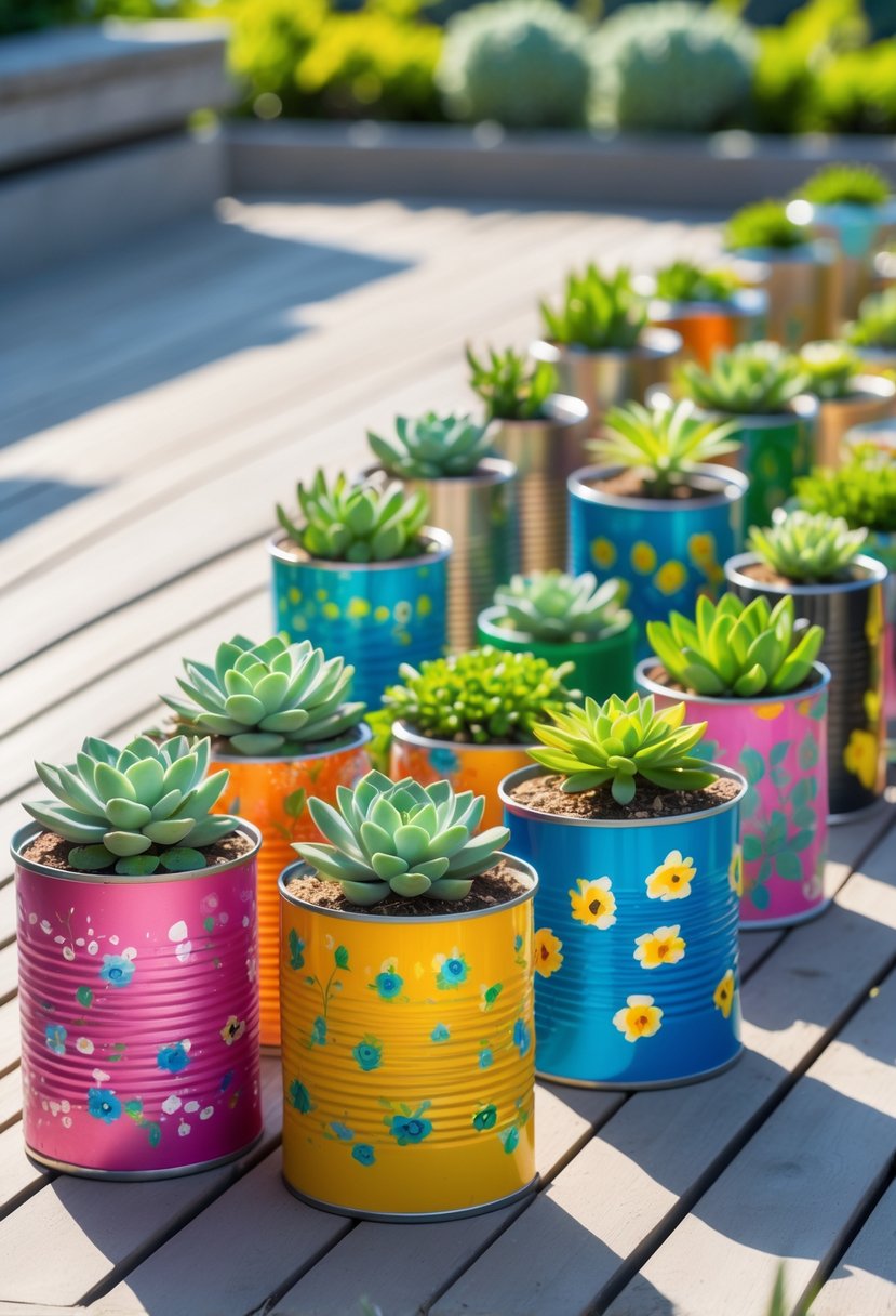 12 Easy DIY Terrace Decor Projects for a Stylish Look 14 Succulent plants in colorful painted tin cans arranged on a terrace with wooden decking and natural sunlight.