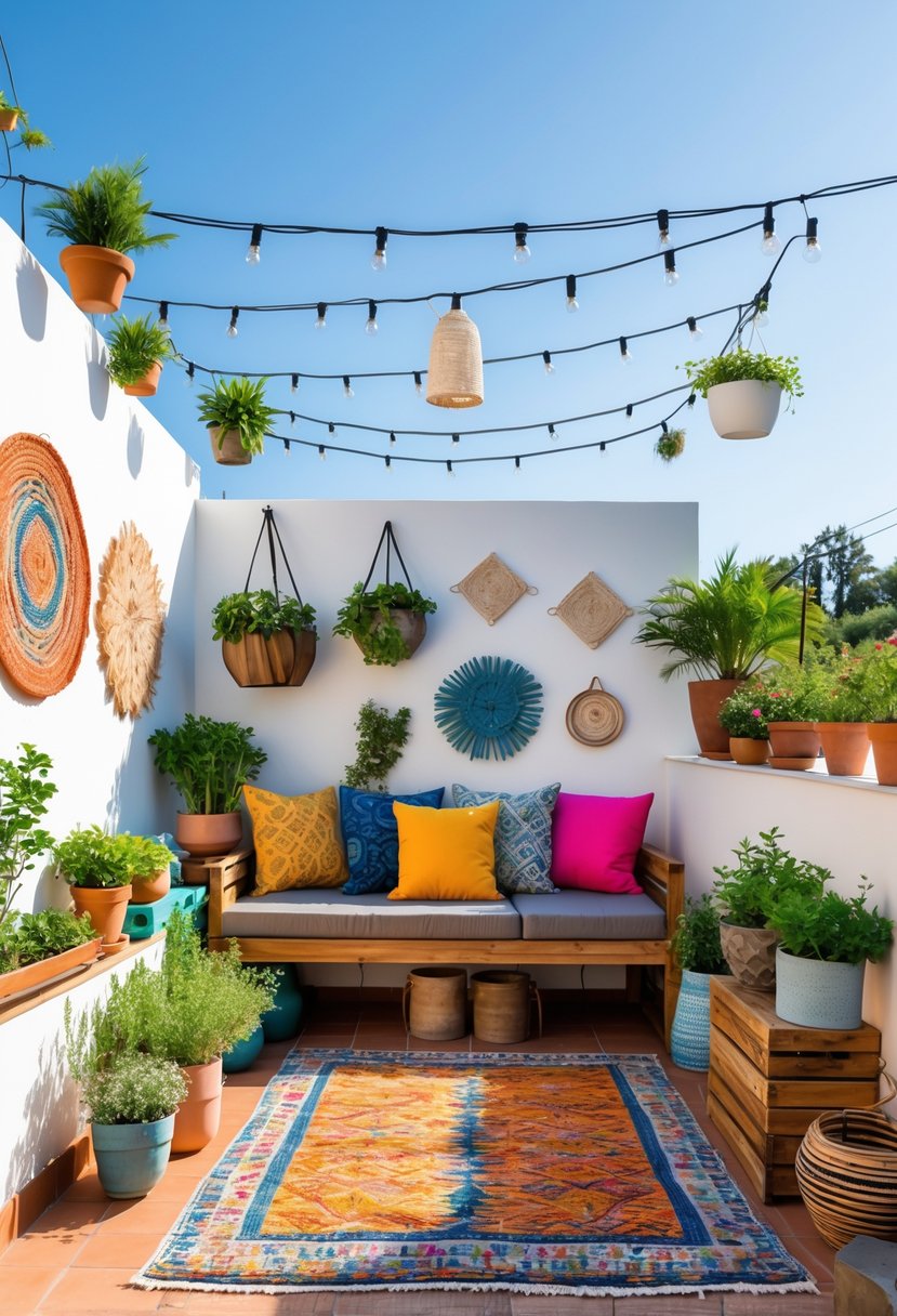 12 Easy DIY Terrace Decor Projects for a Stylish Look 15 A well-decorated terrace with plants, cushions, string lights, and various handmade decor items arranged neatly for outdoor relaxation.