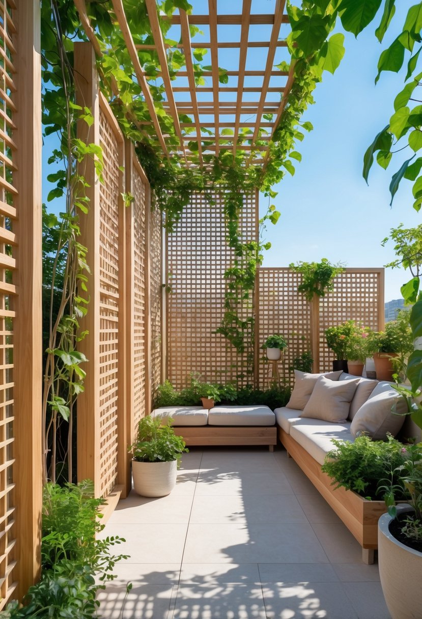 Outdoor terrace with wooden lattice panels covered in climbing green vines, surrounded by plants and seating.