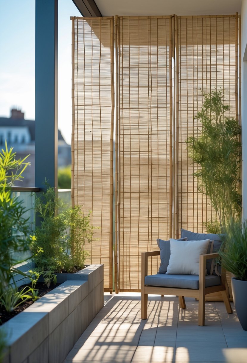 Outdoor terrace with a bamboo roll-up privacy screen, wooden furniture, and potted plants under natural sunlight.