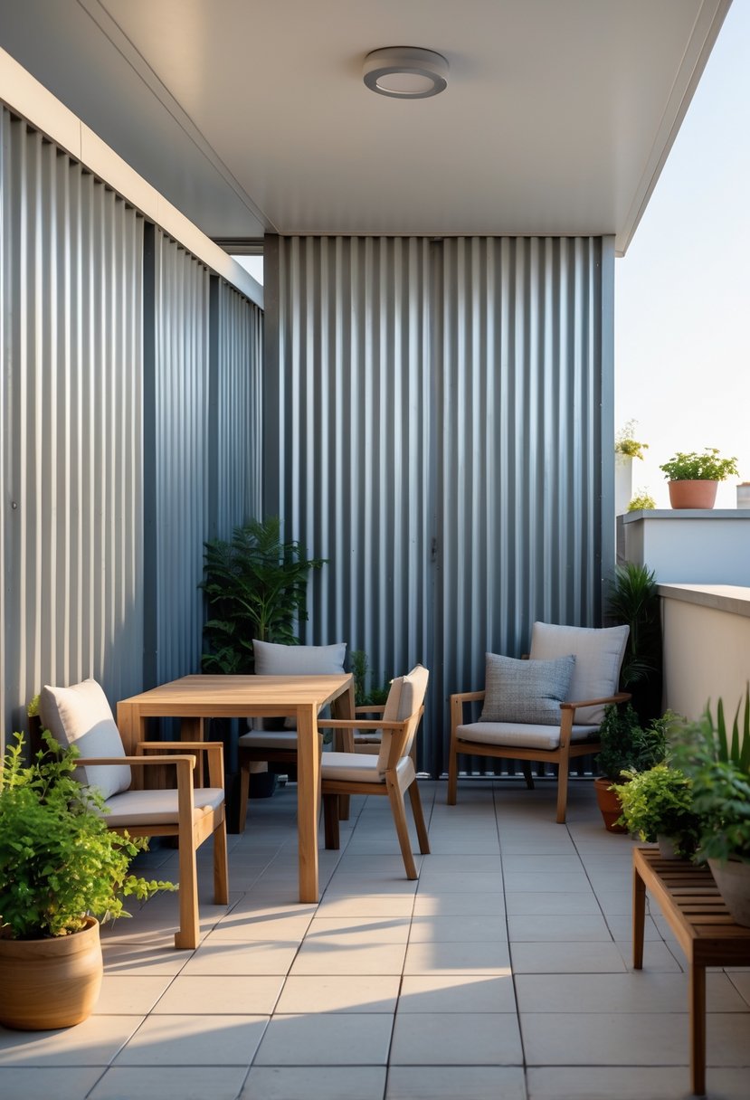 Outdoor terrace with a corrugated metal privacy wall, wooden furniture, and potted plants.