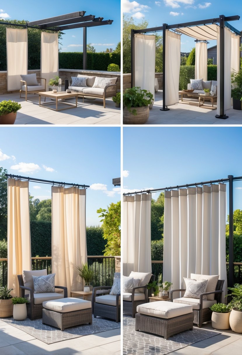 Outdoor terrace with eight different privacy screens made from curtain panels hung on tension rods, surrounded by outdoor furniture and plants.