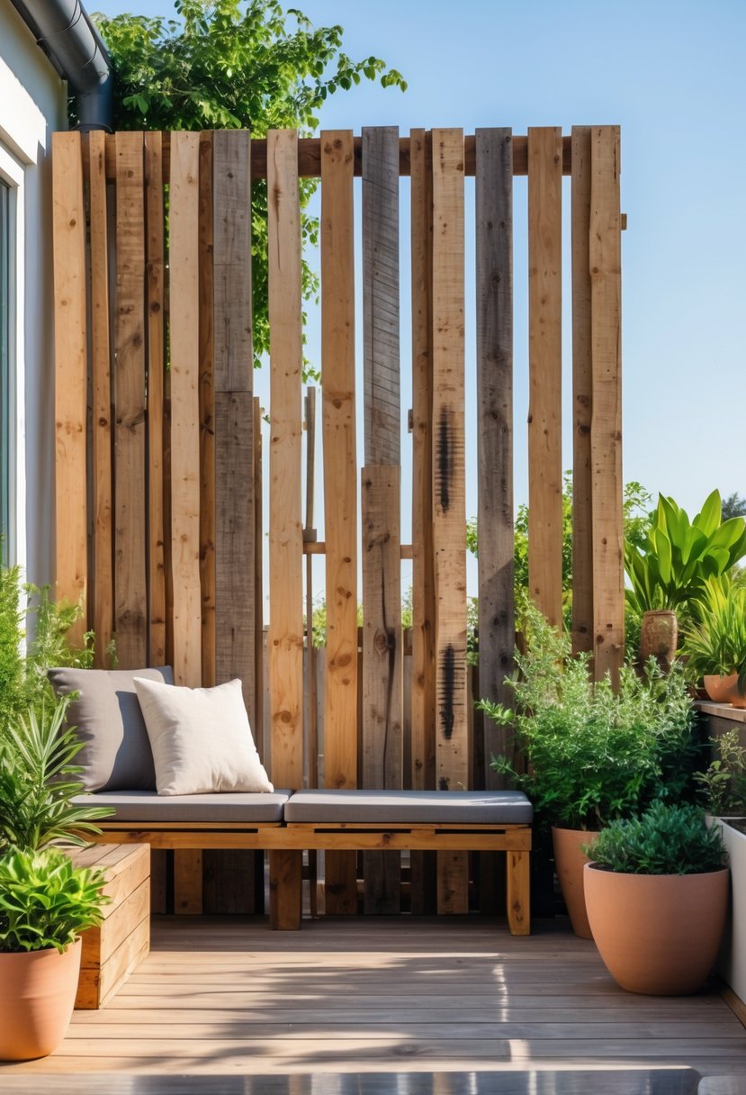 Outdoor terrace with a privacy screen made of recycled pallet wood, wooden bench, and potted plants.