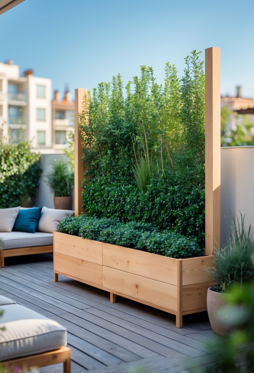 Outdoor terrace with a wooden freestanding planter box filled with green plants acting as a privacy screen, surrounded by outdoor seating.