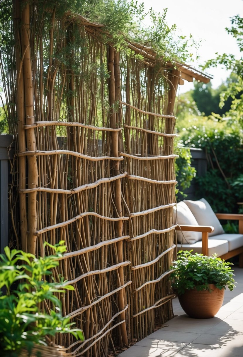 A woven willow branch fence on a terrace providing privacy, surrounded by plants and outdoor furniture.