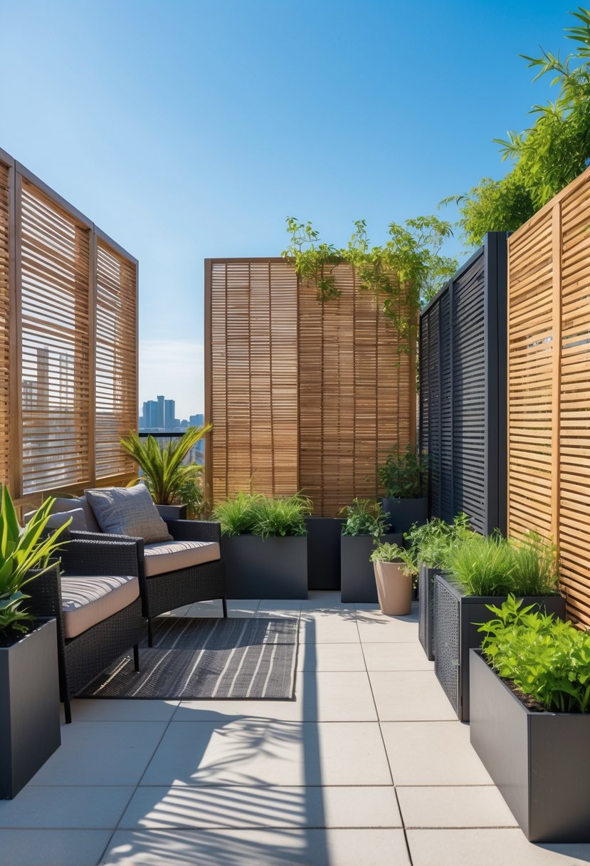 A terrace with outdoor seating surrounded by different privacy screens and plants under a clear sky.