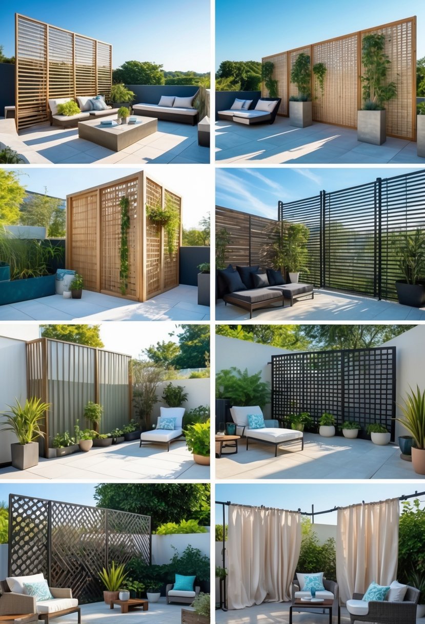 Outdoor terrace showing eight different types of privacy walls and screens made from wood, bamboo, glass, plants, metal, and fabric, with outdoor furniture arranged around them.