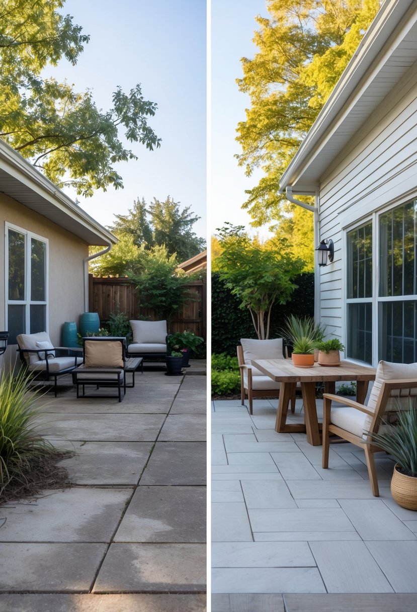 Side-by-side comparison of a patio before and after a makeover, showing an old, cluttered patio on the left and a modern, stylish patio on the right.