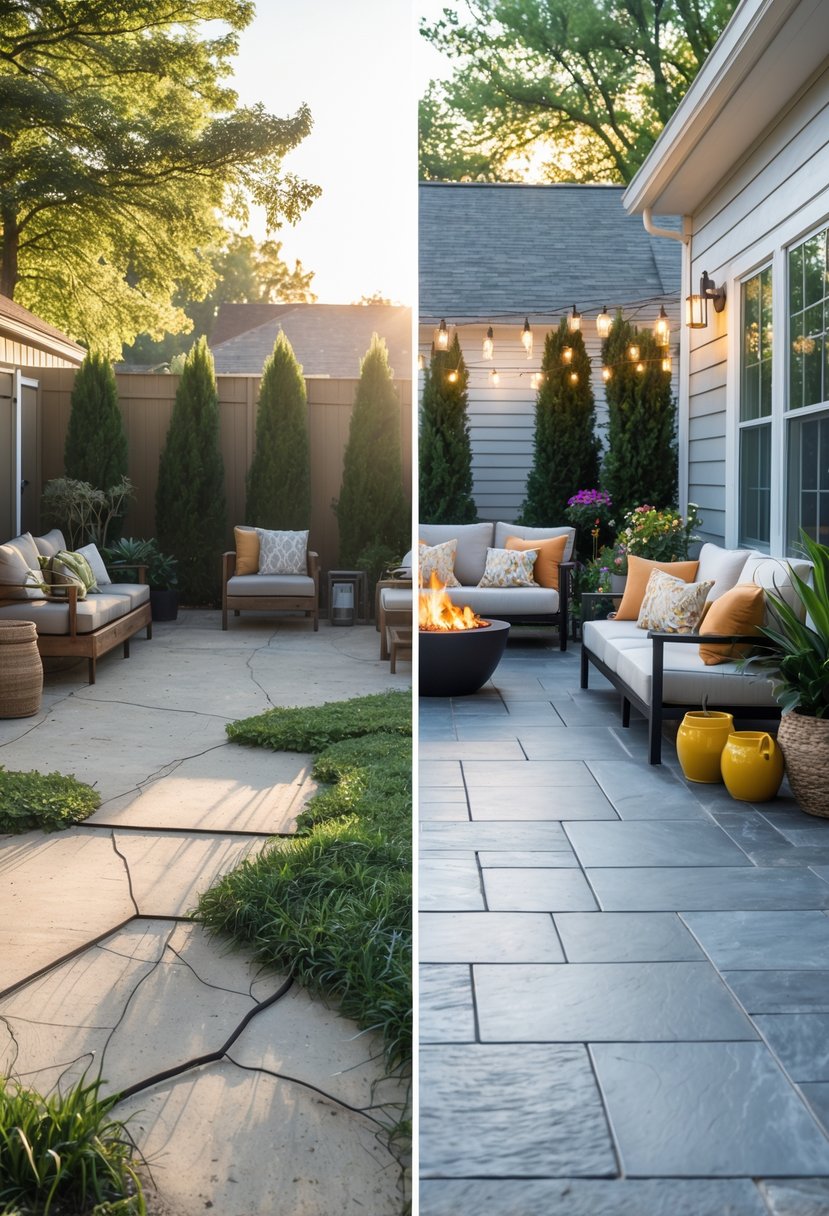 Side-by-side view of a patio before and after a makeover, showing a worn patio on one side and a renovated patio with new flooring, furniture, plants, and decorations on the other.