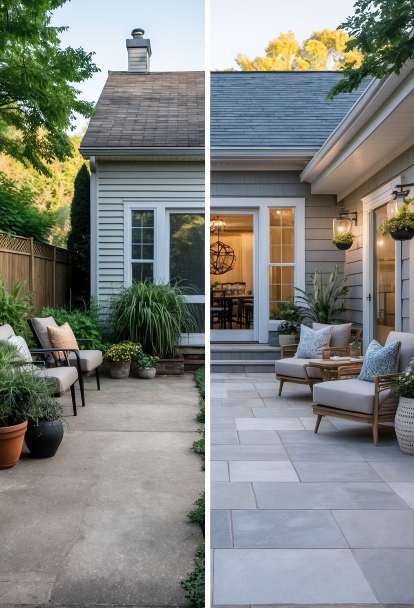 Side-by-side view of a patio before and after a makeover, showing an old worn patio on the left and a modern, stylish patio with new flooring and furniture on the right.