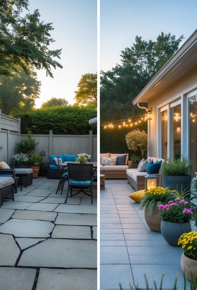 Side-by-side view of a patio before and after a makeover, showing a worn patio on the left and a renovated, stylish patio with furniture and plants on the right.