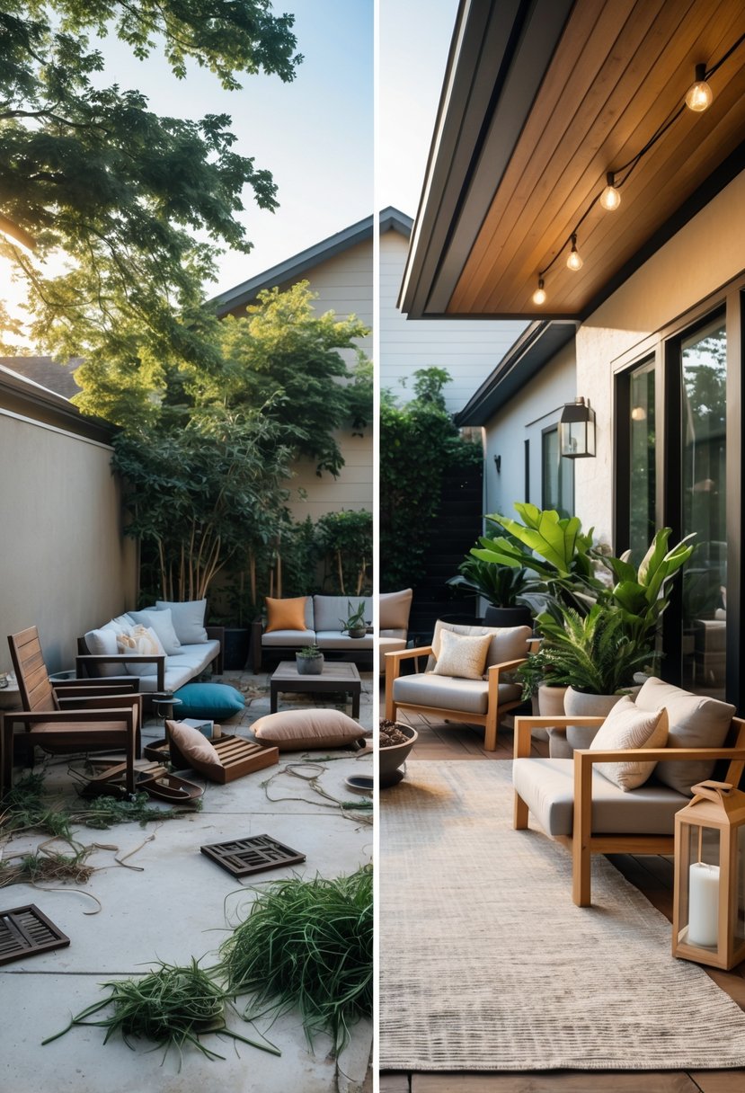 Side-by-side view of a patio before and after a makeover, showing a cluttered and messy patio on one side and a clean, modern patio on the other.