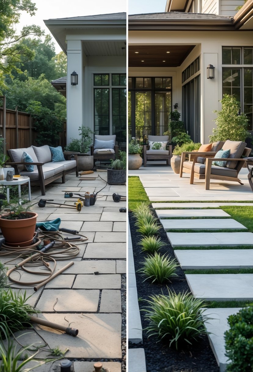 Side-by-side view of a residential patio before and after a makeover, showing a cluttered space transformed into a neat and modern outdoor area.