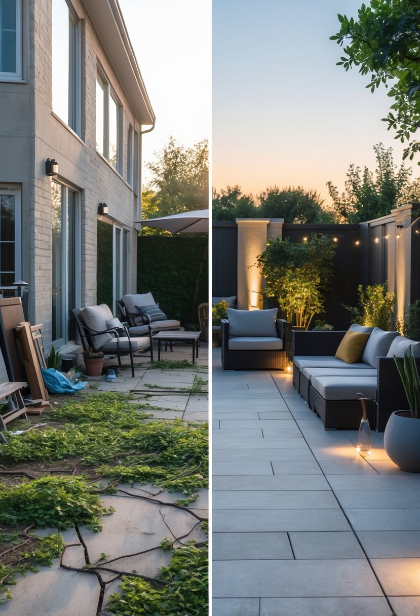 Side-by-side view of a patio before and after a makeover, showing a messy cluttered area transformed into a clean and modern outdoor space.