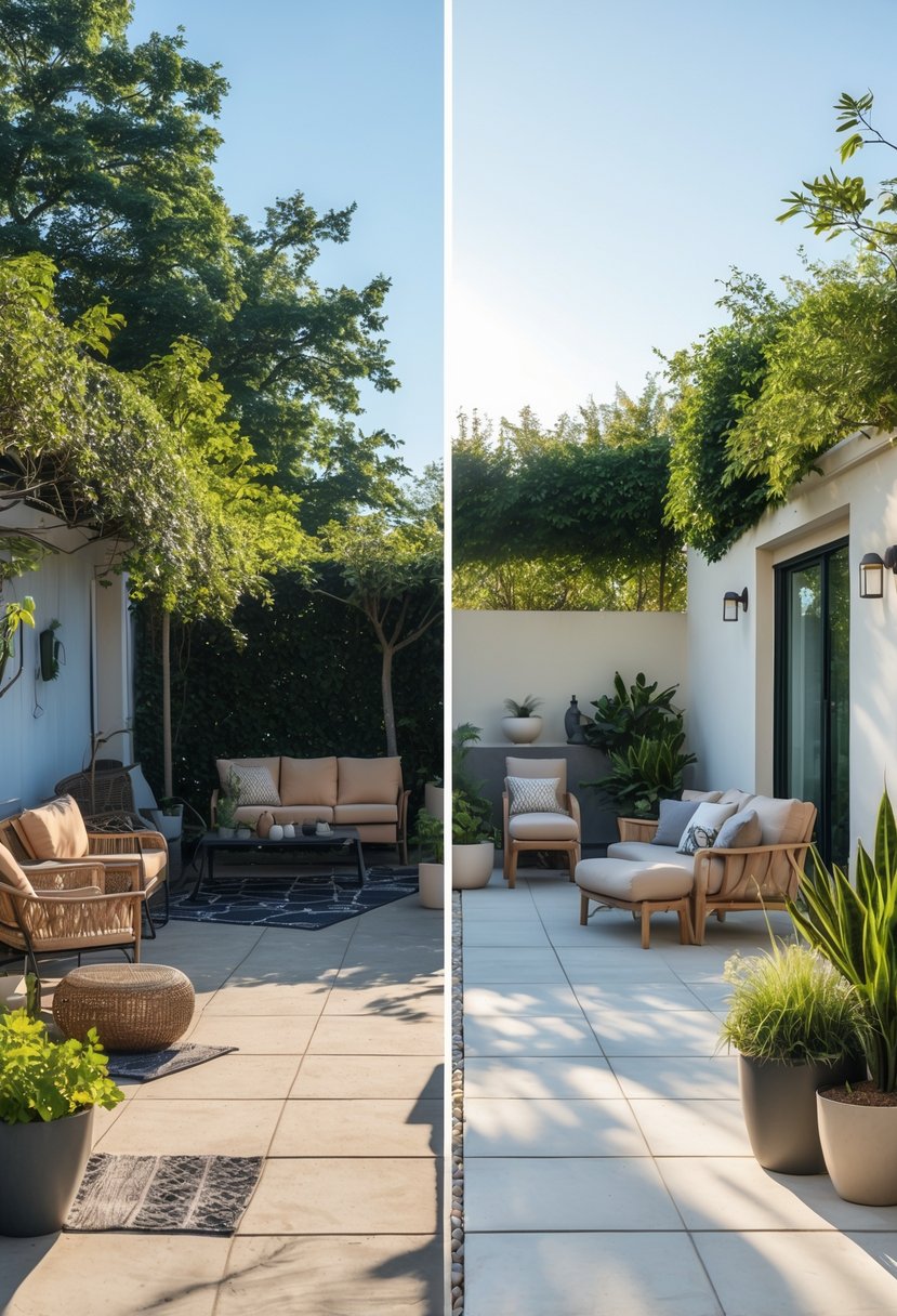A split view of an outdoor patio showing a messy cluttered side and a clean, well-furnished side.