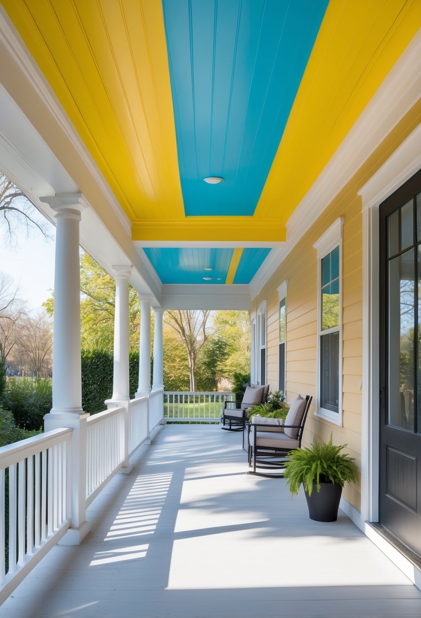 A brightly painted porch ceiling and walls with vibrant colors, showing a freshly renovated outdoor space with neat surfaces and outdoor furniture.