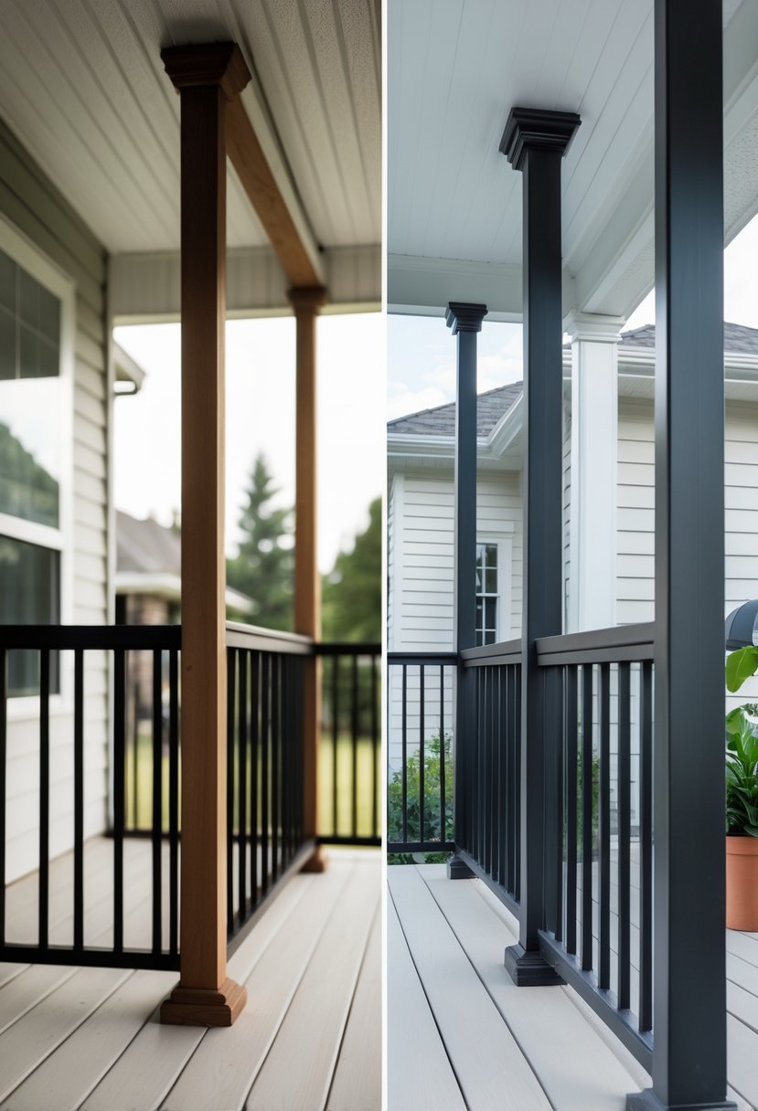 Side-by-side view of a porch before and after installing modern black metal railings, showing the transformation from old wooden railings to sleek black metal ones.