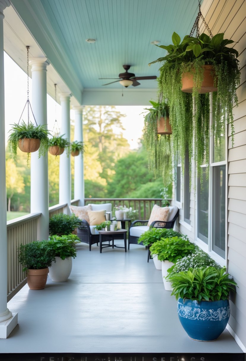 A porch showing a before and after makeover with added potted plants and hanging planters, transforming it from plain to vibrant and inviting.