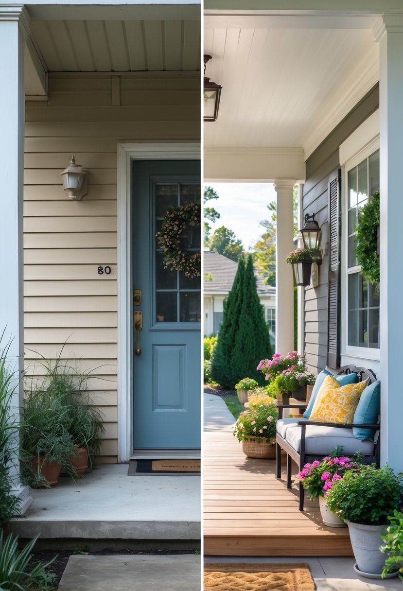 A side-by-side view of a house porch before and after renovation, showing a dull porch transformed into a bright and inviting outdoor space.
