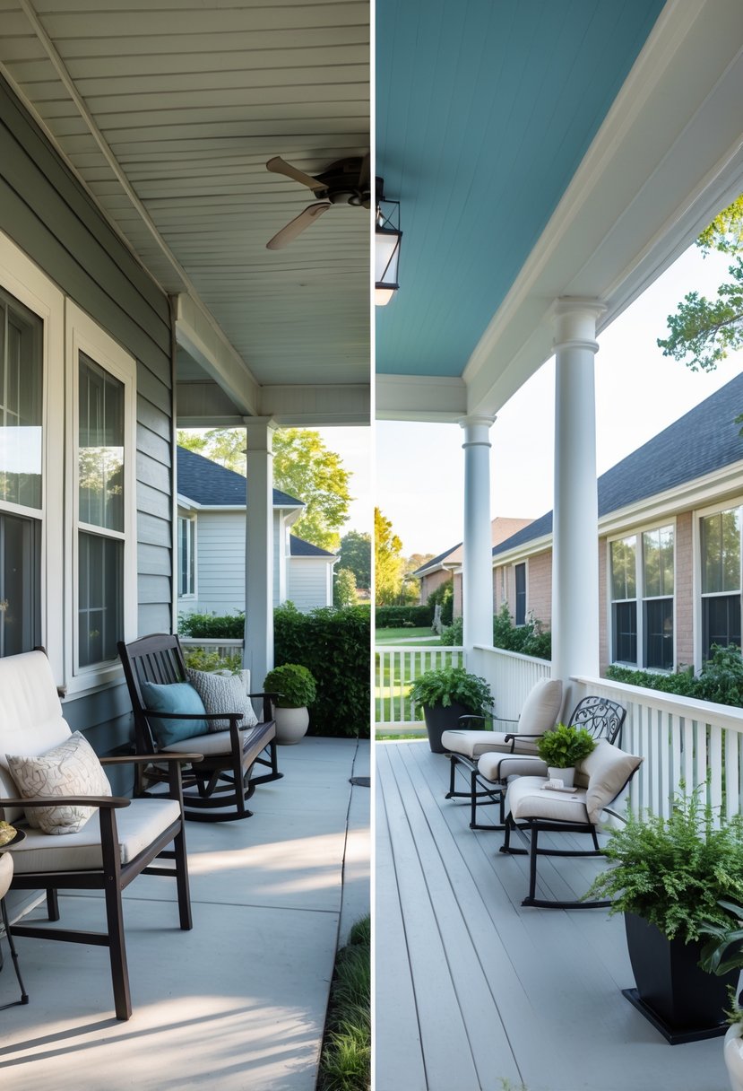 Side-by-side view of a porch before and after renovation, showing a worn porch on one side and a bright, inviting porch on the other.