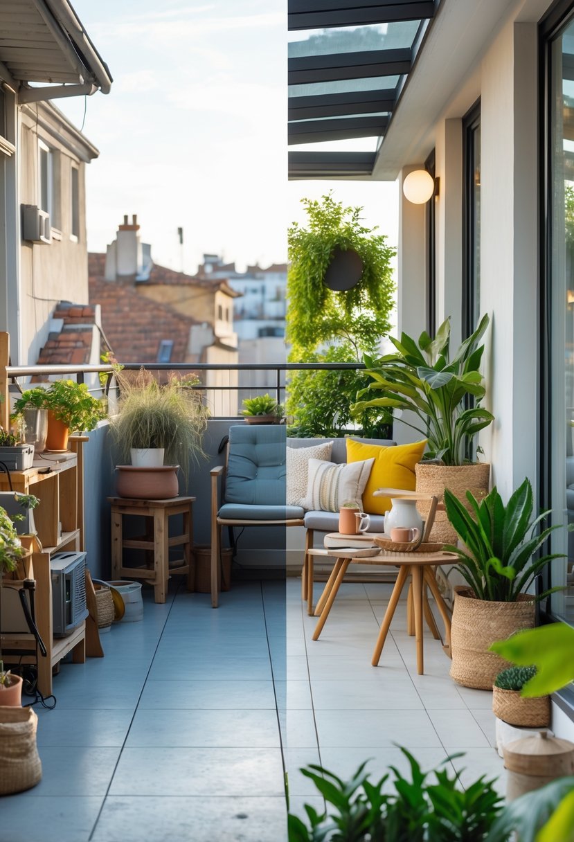 Side-by-side images of a small terrace before and after renovation, showing a cluttered space transformed into a clean, modern outdoor area with furniture and plants.