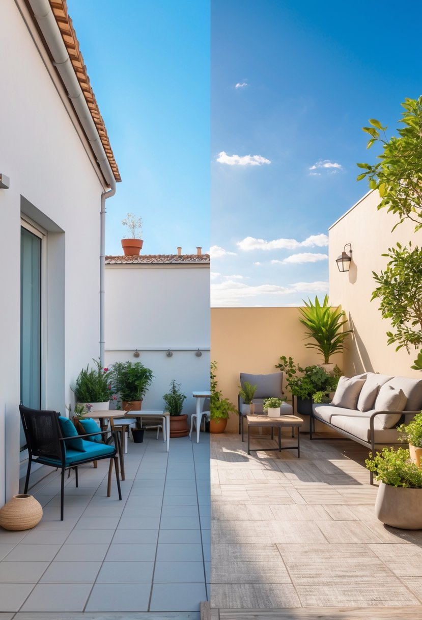 A small terrace shown side by side with a plain, cluttered setup on the left and a beautifully redesigned, inviting outdoor space with seating and plants on the right.