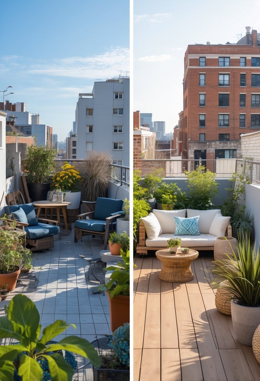 Side-by-side view of a small terrace before and after renovation, showing a cluttered space transformed into a neat, stylish outdoor area with furniture and plants.