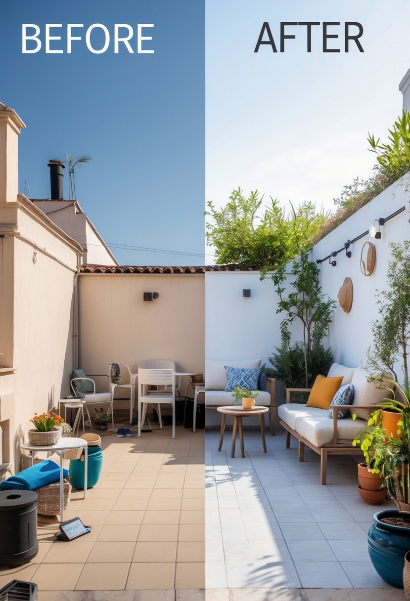 Side-by-side comparison of a small terrace before and after renovation, showing a cluttered space transformed into a stylish outdoor seating area with plants and furniture.