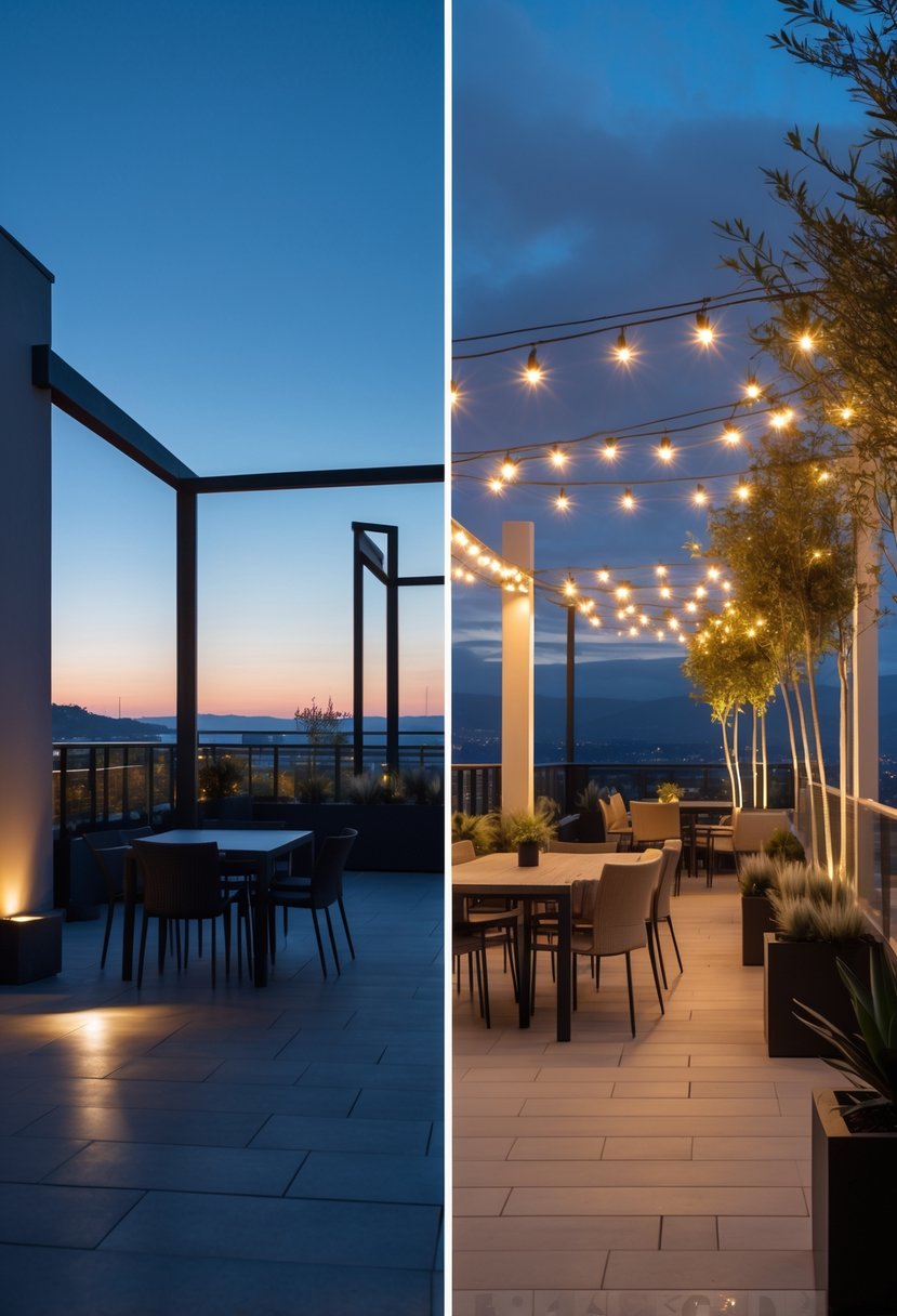 Side-by-side view of an outdoor terrace before and after lighting improvements, showing a dark, plain space on the left and a warmly lit, inviting terrace on the right.
